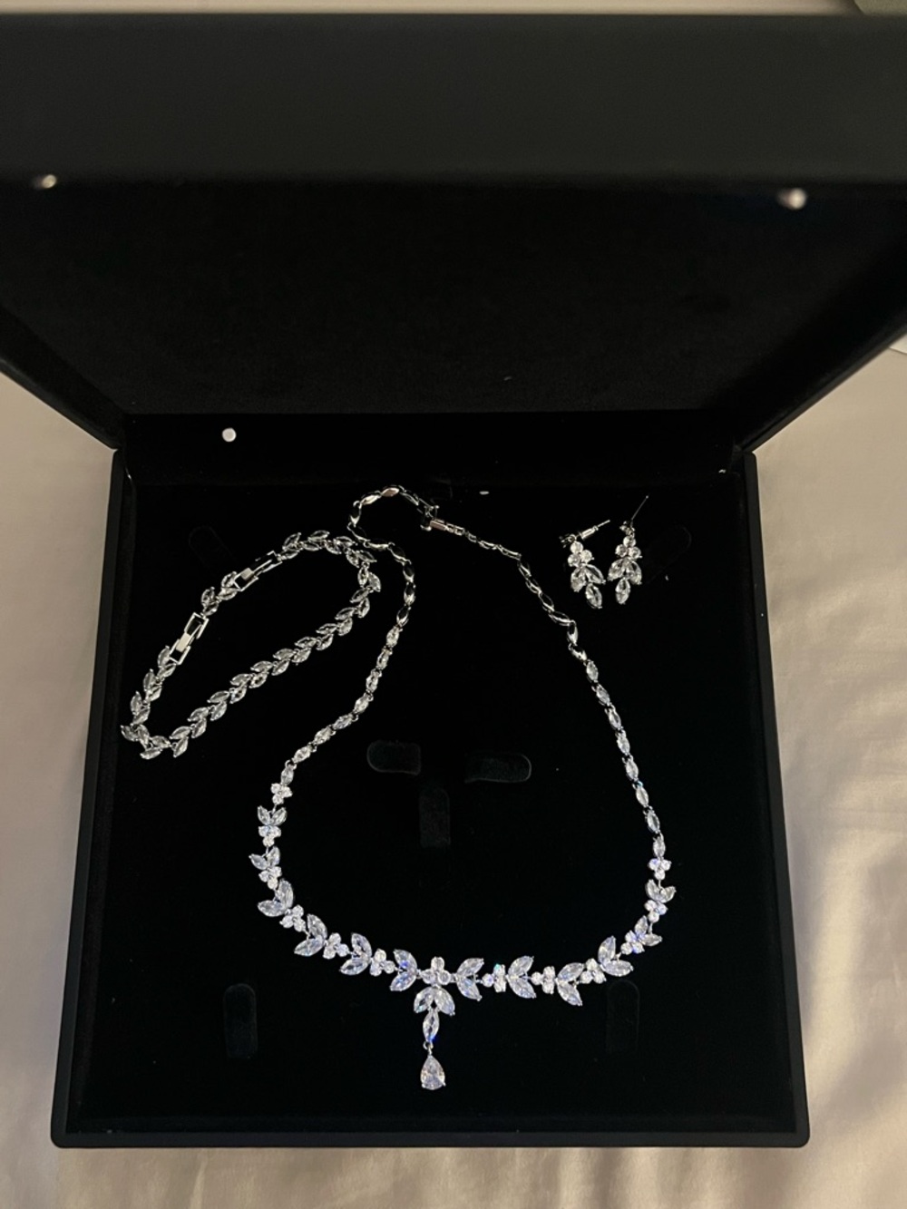 Silver Leaf Crystal Necklace and Earring Set - Elegant Silver Bridal Jewelry